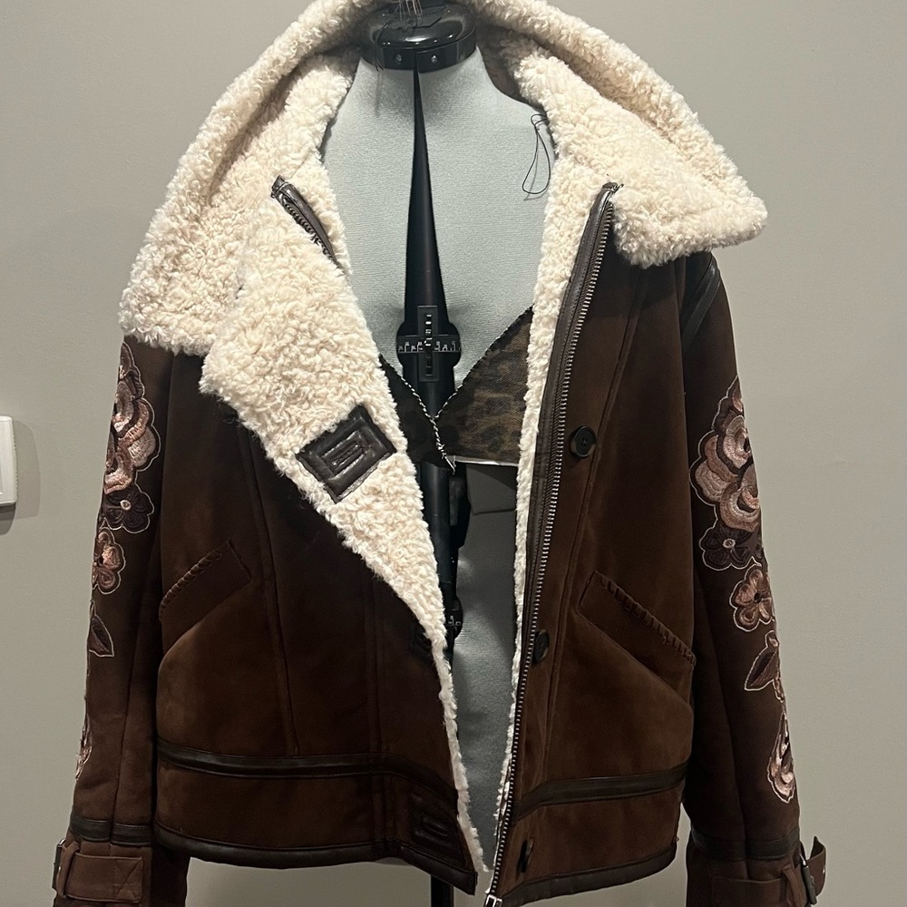 Brown Shearling Lined Jacket with Floral Embroidery